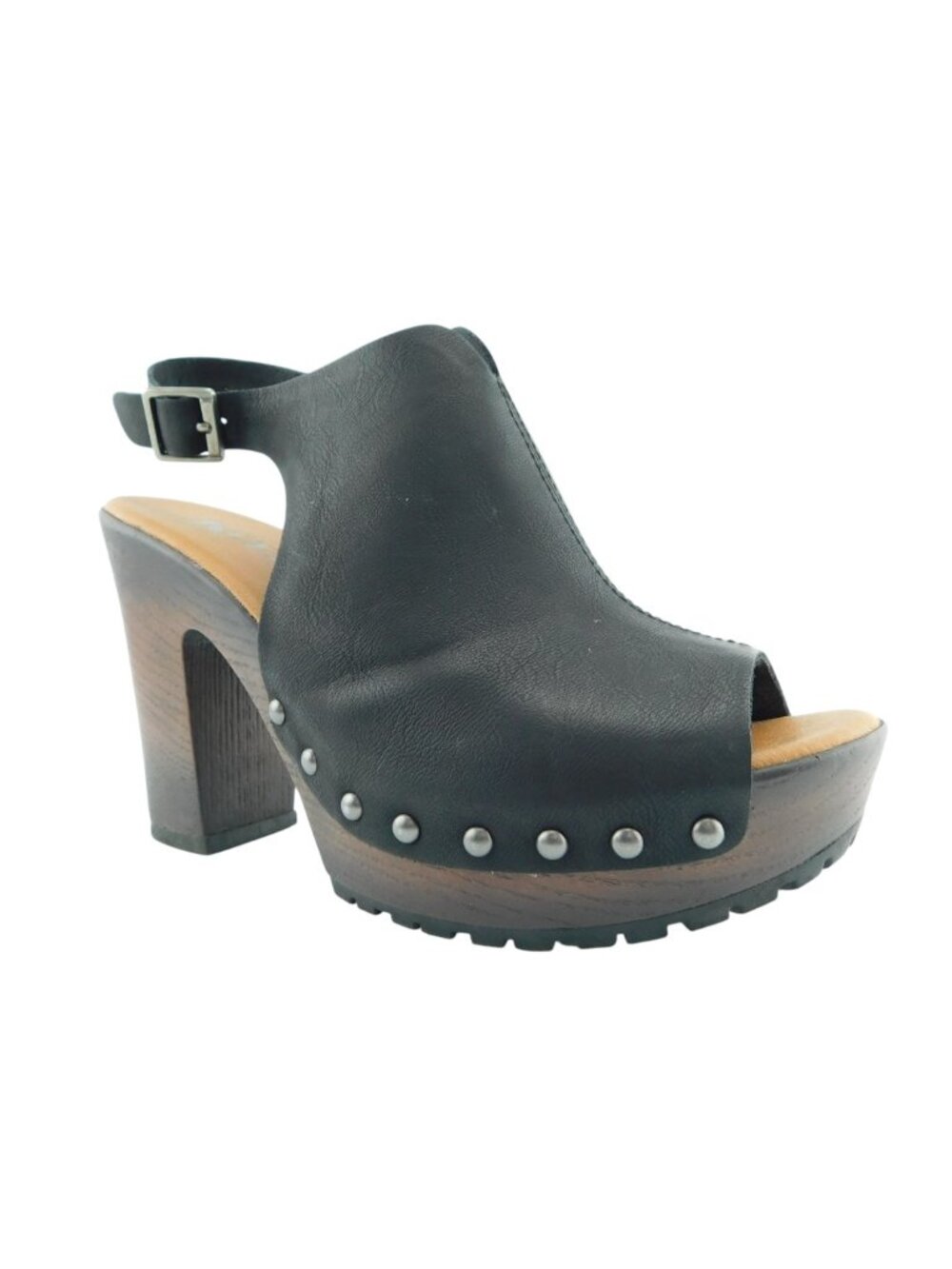 KORKS Open Toe Black Studded Block Heel Buckle Sling Sandals 6 - Picture 2 of 9